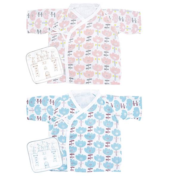 赤ちゃんファースト「オルネット 多胎児用短肌着&ハンカチセット/ピンク&ブルー」の画像