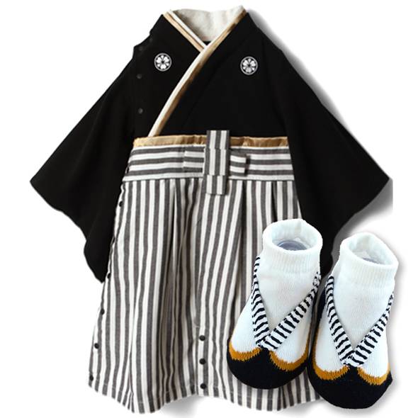 「スウィートマミー 袴風カバーオール/ブラック・50-70cm&靴下/ホワイト・9-11cm」の商品画像